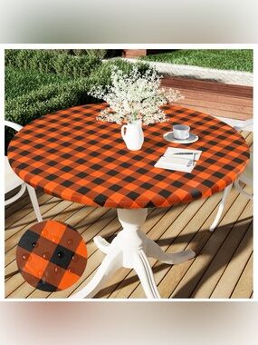 BUFFALO PLAID VINYL Tablecloth Flannel Back 36-44” Round - ORANGE & BLACK